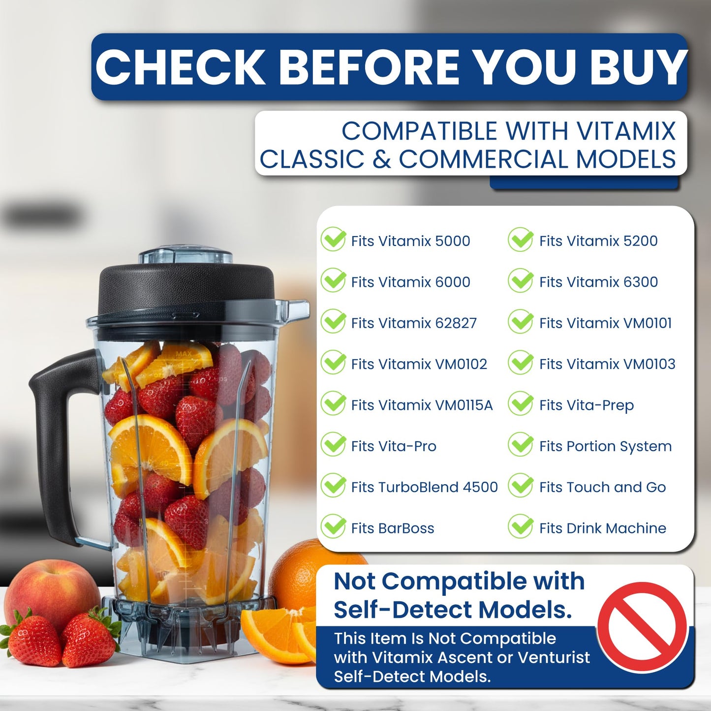 Blender Pitcher For Vitamix fits 64 oz 5200 6300 VM0197 VM0101 VM0103 E310 Classic/Explorian/Commercial Series + Tamper Included