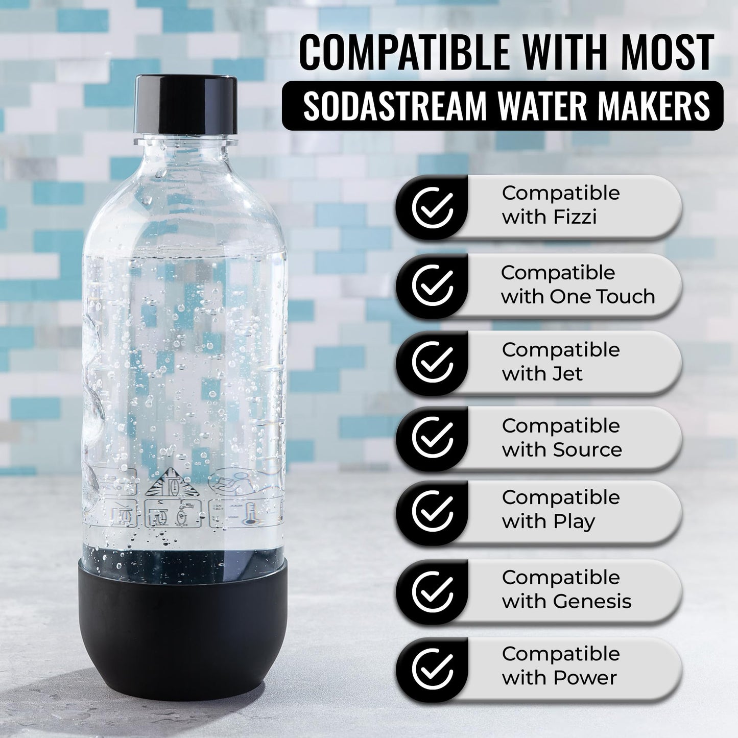 Replacement Carbonating Sparkling Water Bottles for SodaStream - 1 Liter, BPA-Free & Leak-Proof (Compatible with Fizzi, One Touch, Jet, Source, Play, Genesis, Power Models) - 3-Pack (Black)