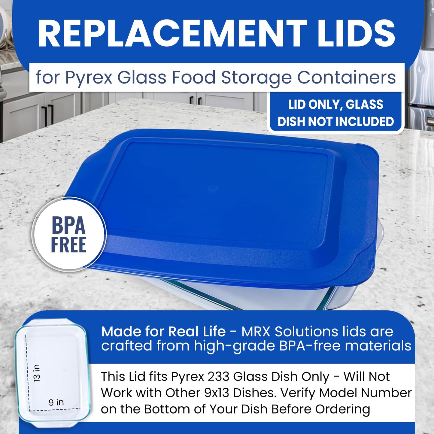 MRX Solutions Replacement Lid Cover for Pyrex 3 QT Glass Baking Dish Caserole Container 233-PC 2-Pack