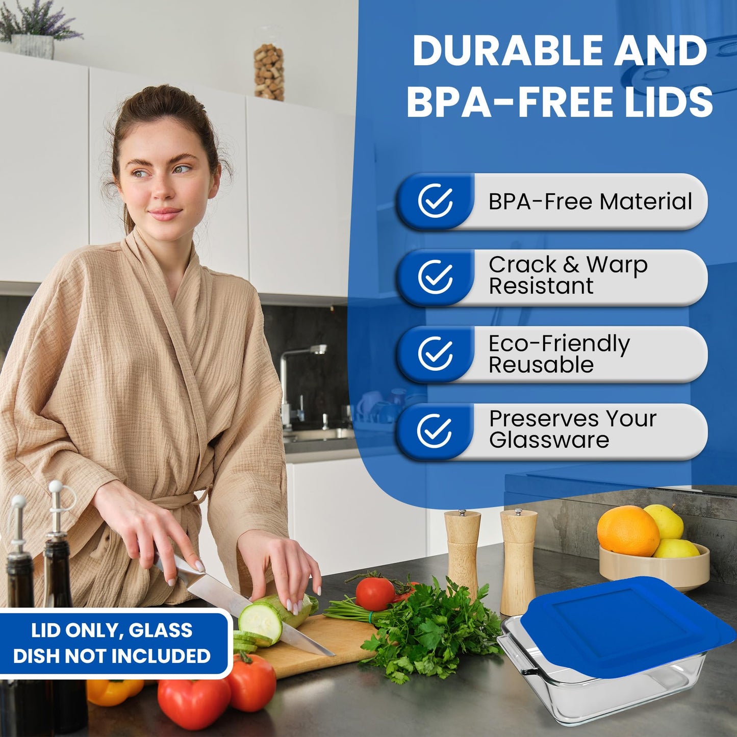 Replacement Lid for Pyrex 2-Quart 8" x 8" Glass Baking Dish #222, Compatible with Lid #222-PC, Food Storage Container Cover with Flush Tab Handles, 2-Pack