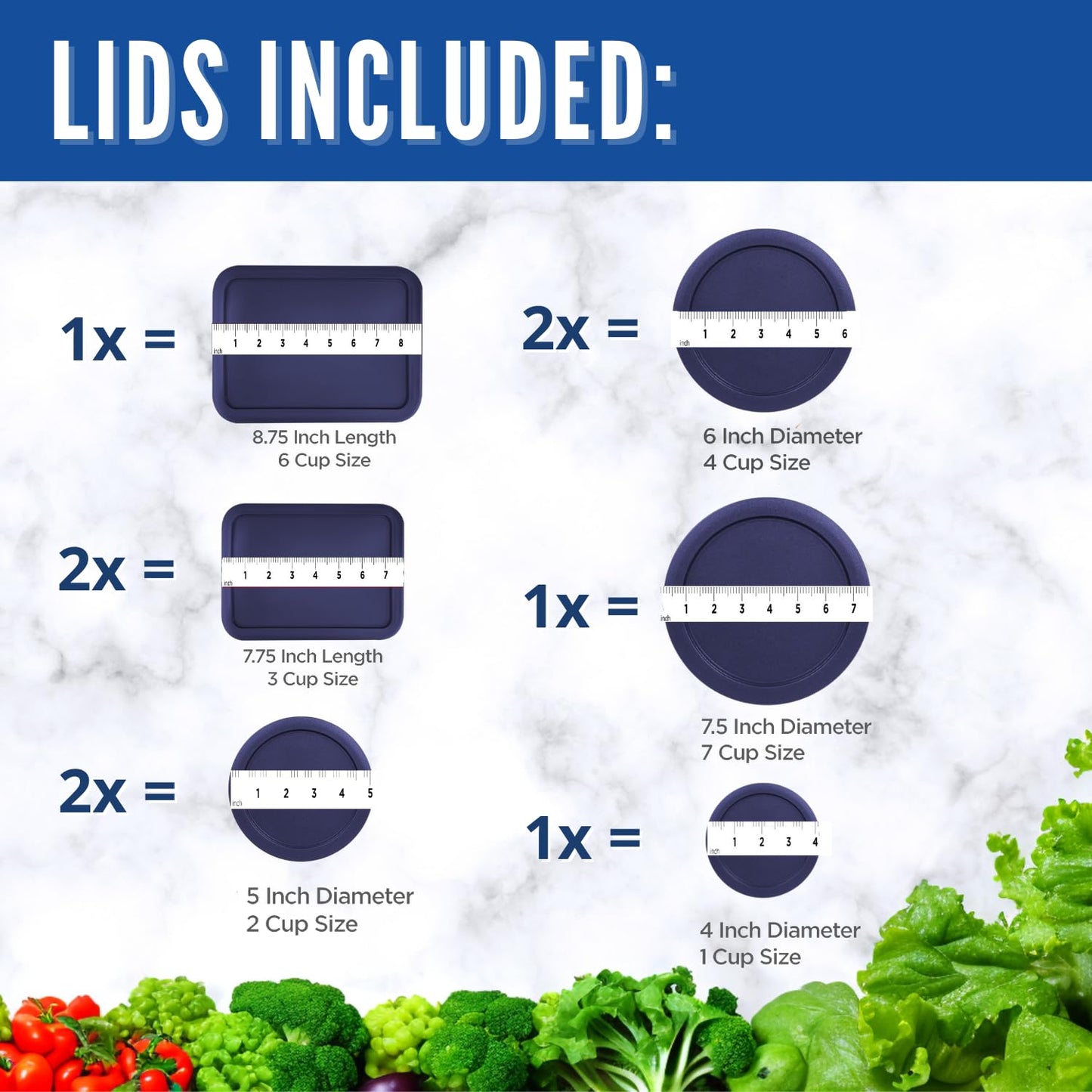 Replacement Lids for Pyrex Containers - 1-Cup, 2-Cup, 3-Cup, 4-Cup, 6-Cup, 7-Cup Blue and Red Round Rectangle