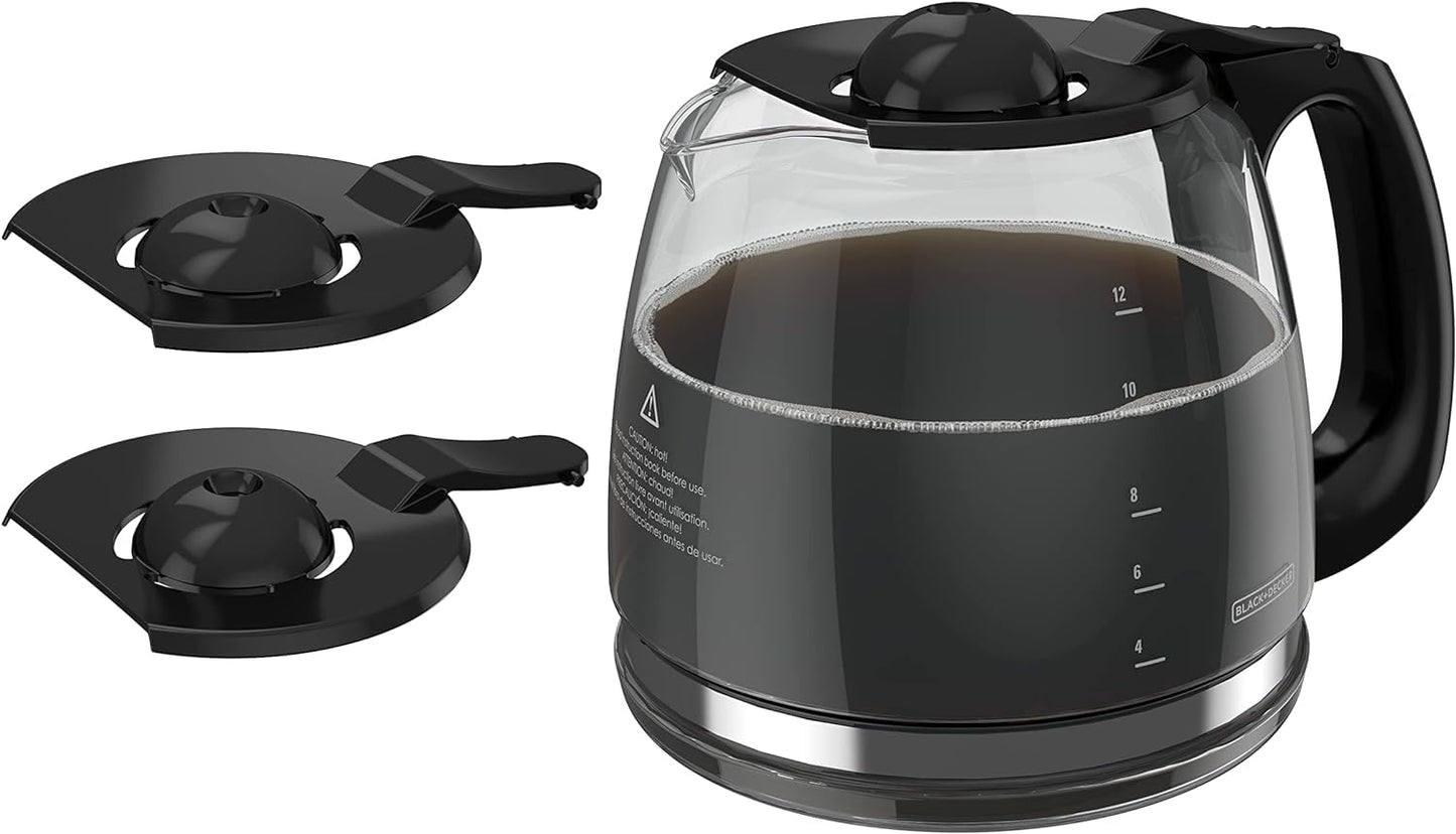 Replacement 12-Cup Glass Carafe for BLACK+DECKER Coffee Makers (2 Extra Lids)