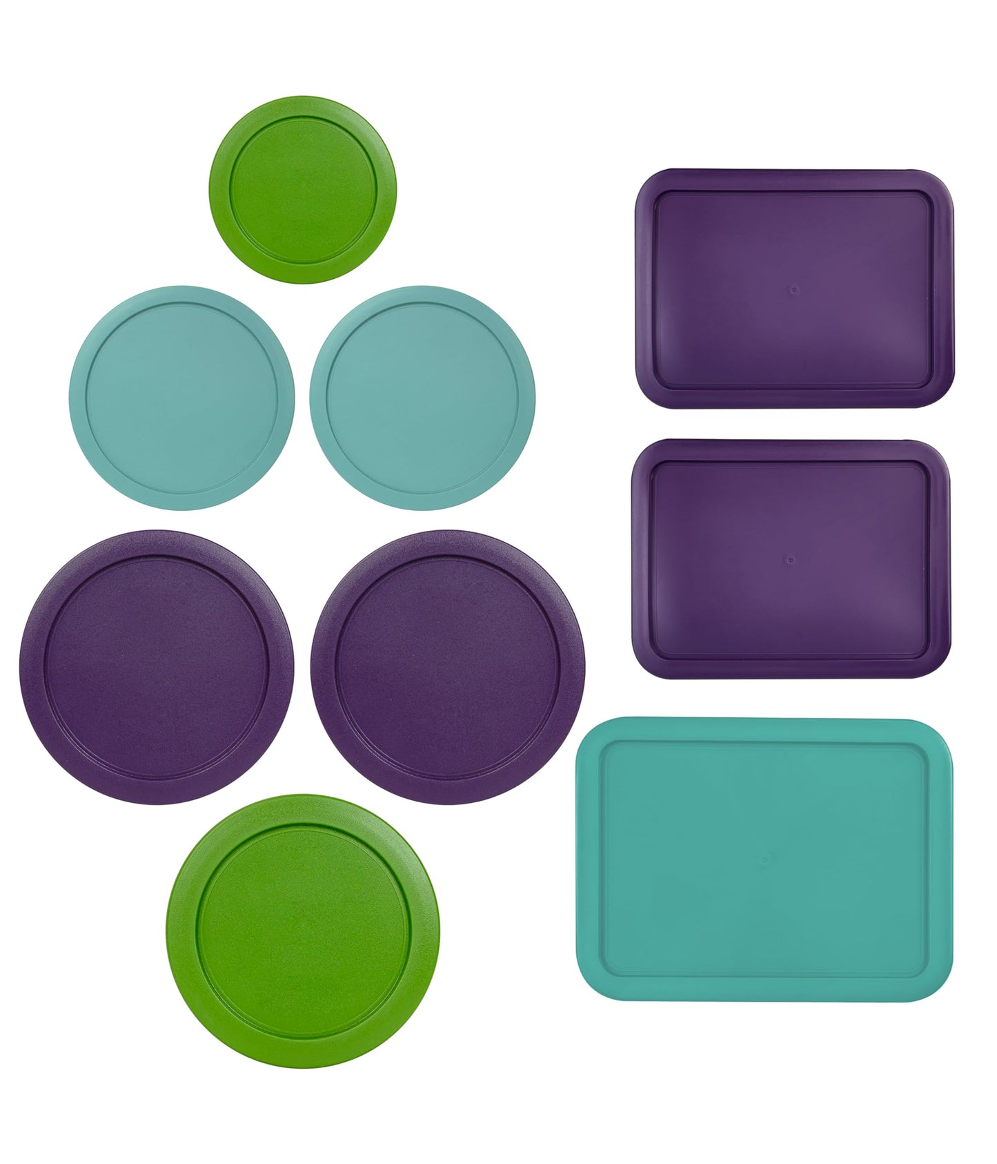 Replacement Lids for Pyrex Containers (1) 1-Cup Green (2) 2-Cup Turqoise (2) 4-Cup Purple (1) 7-Cup Green (2) 3-Cup Purple (1) 6-Cup Turqoise Round Rectangle (Red)