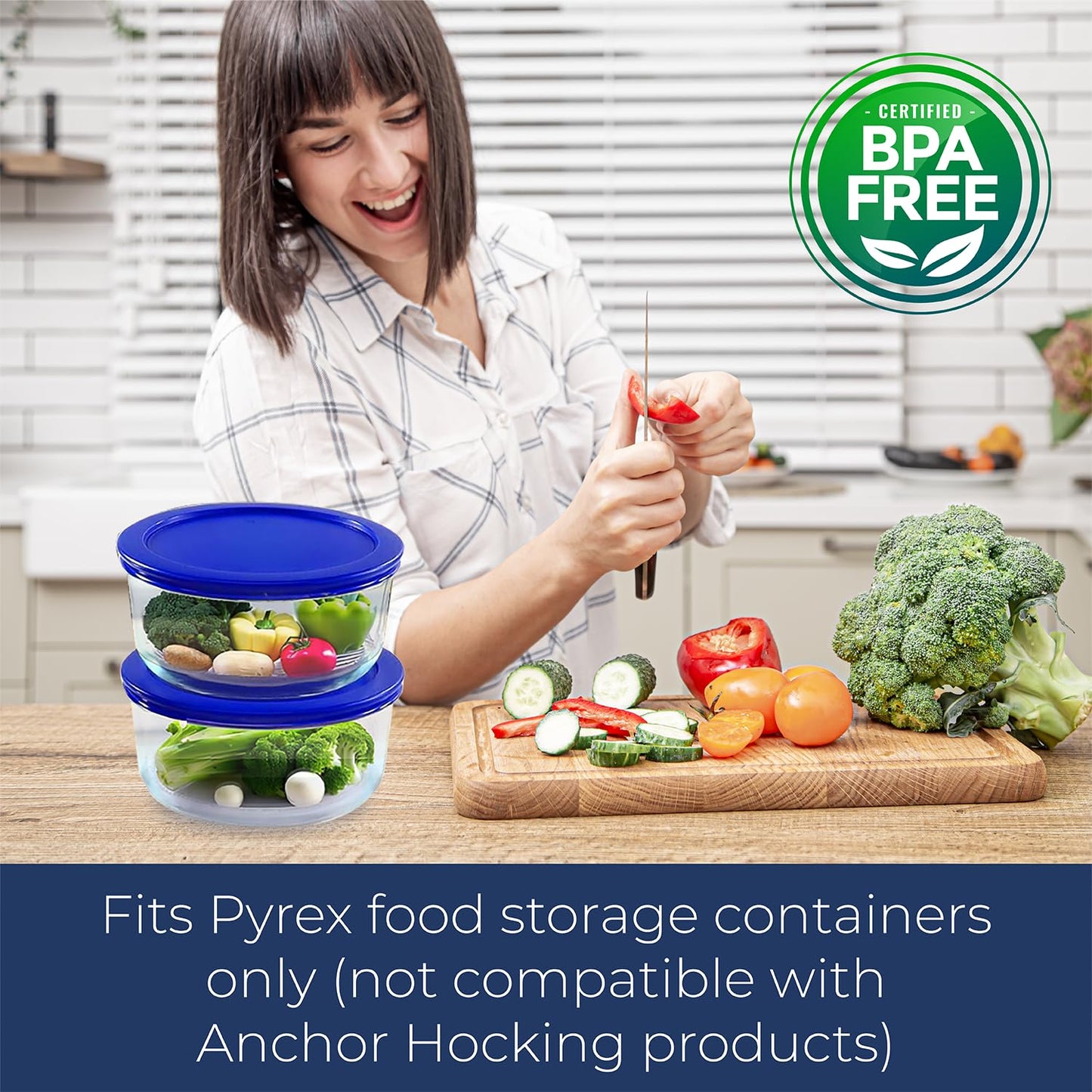 Replacement Lids for Pyrex Containers Round Glass Food Plastic - (2) 2-Cup Orange, (2) 4-Cup Teal, (2) 7-Cup Blue - BPA-Free, Dishwasher & Microwave Safe