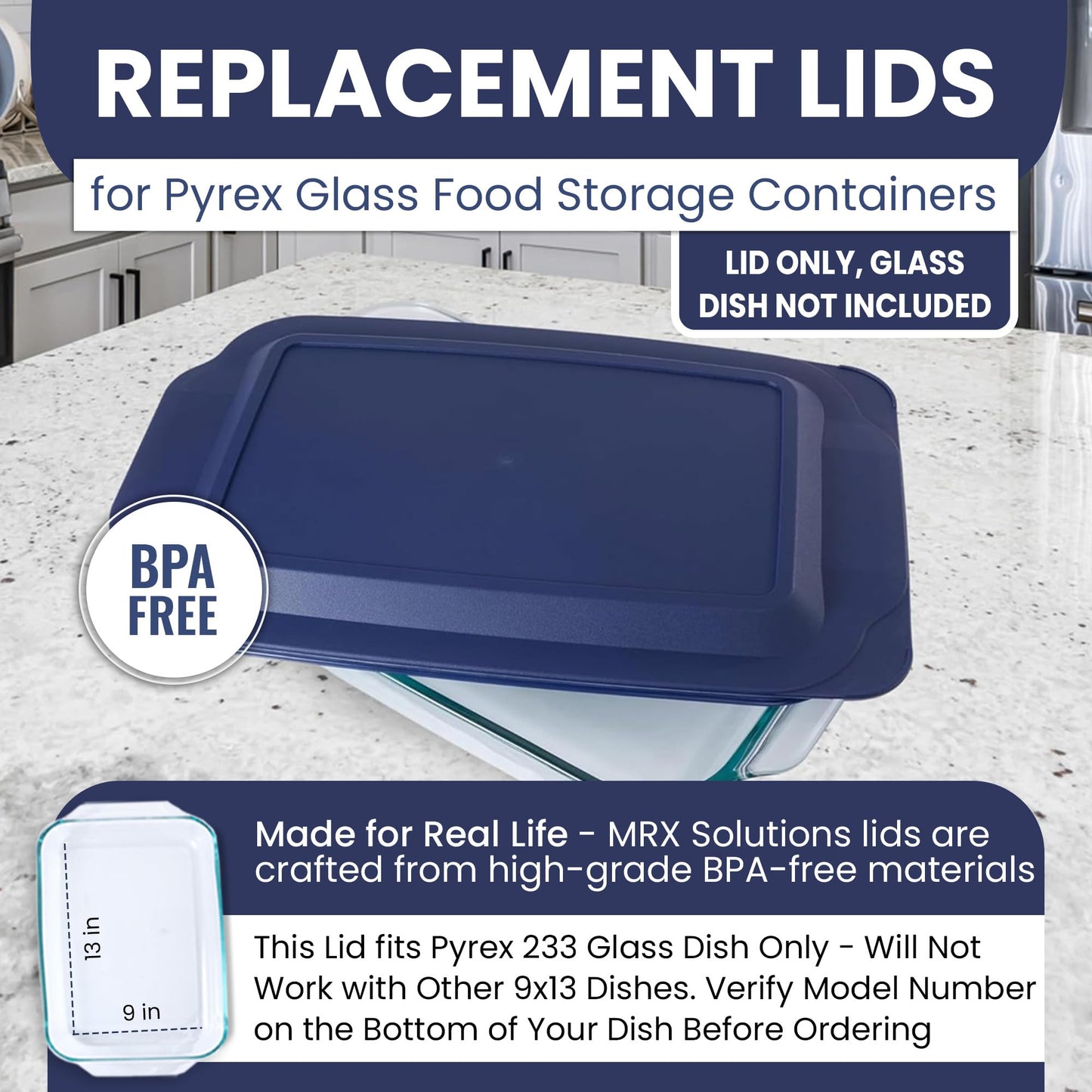 MRX Solutions Replacement Lid Cover for Pyrex 3 QT Glass Baking Dish Caserole Container 233-PC