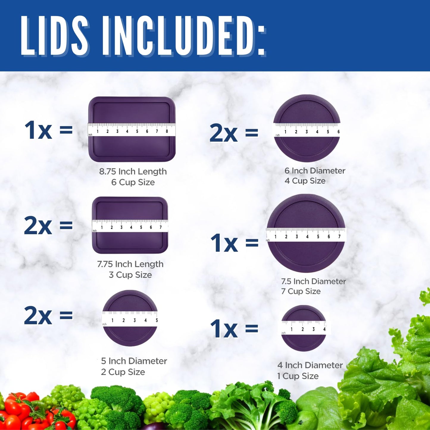 Replacement Lids for Pyrex Containers - 1-Cup, 2-Cup, 3-Cup, 4-Cup, 6-Cup, 7-Cup Blue and Red Round Rectangle