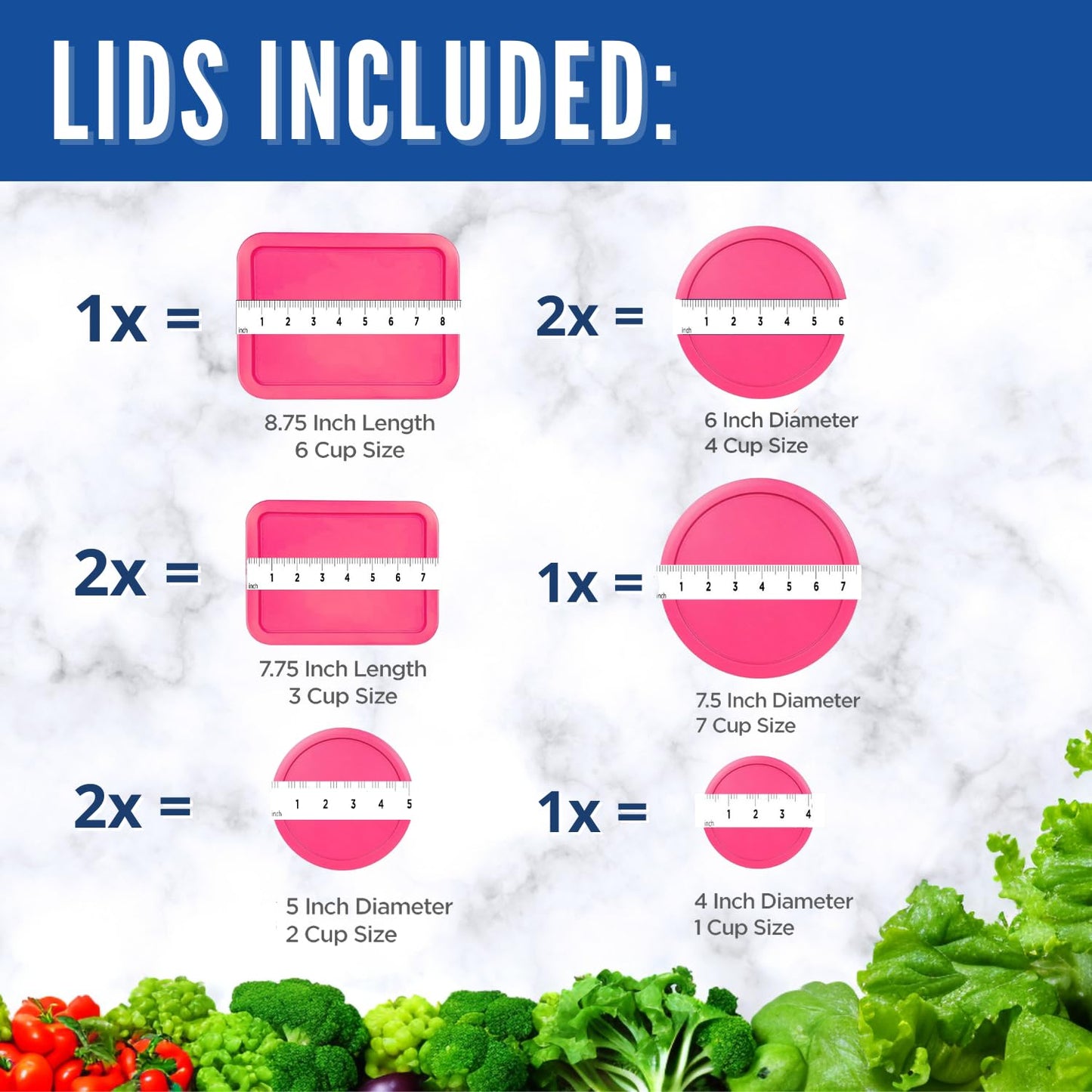 Replacement Lids for Pyrex Containers - 1-Cup, 2-Cup, 3-Cup, 4-Cup, 6-Cup, 7-Cup Blue and Red Round Rectangle
