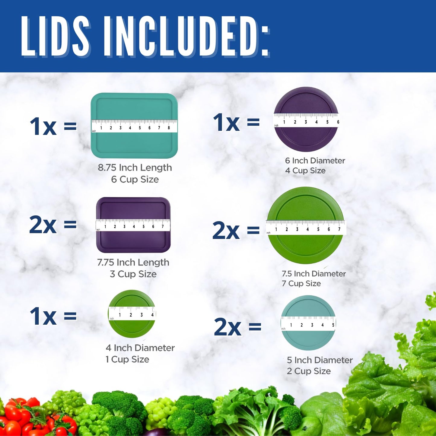 Replacement Lids for Pyrex Containers - 1-Cup, 2-Cup, 3-Cup, 4-Cup, 6-Cup, 7-Cup Blue and Red Round Rectangle
