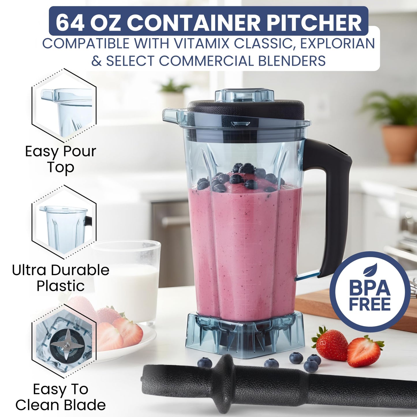 Blender Pitcher For Vitamix fits 64 oz 5200 6300 VM0197 VM0101 VM0103 E310 Classic/Explorian/Commercial Series + Tamper Included