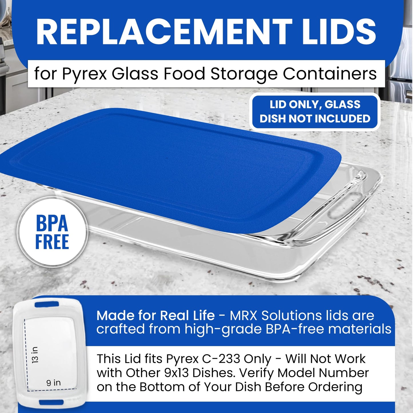 Replacement Lid for Pyrex C-233-PC Easy Grab 9x13 Casserole Glass Baking Dish Container Fits 3-Quart Model 233 with Cut-Out Handles Only