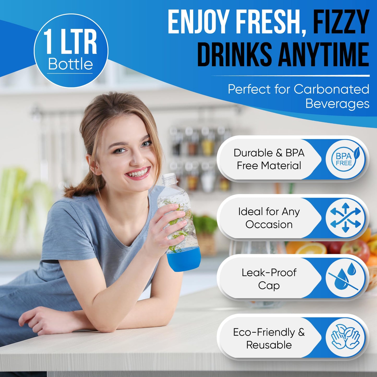 Carbonating Bottles for SodaStream, 1 Liter, 3-Pack, Multi Color (fits Fizzi, One Touch, Jet, Source, Play, Genesis, Power)