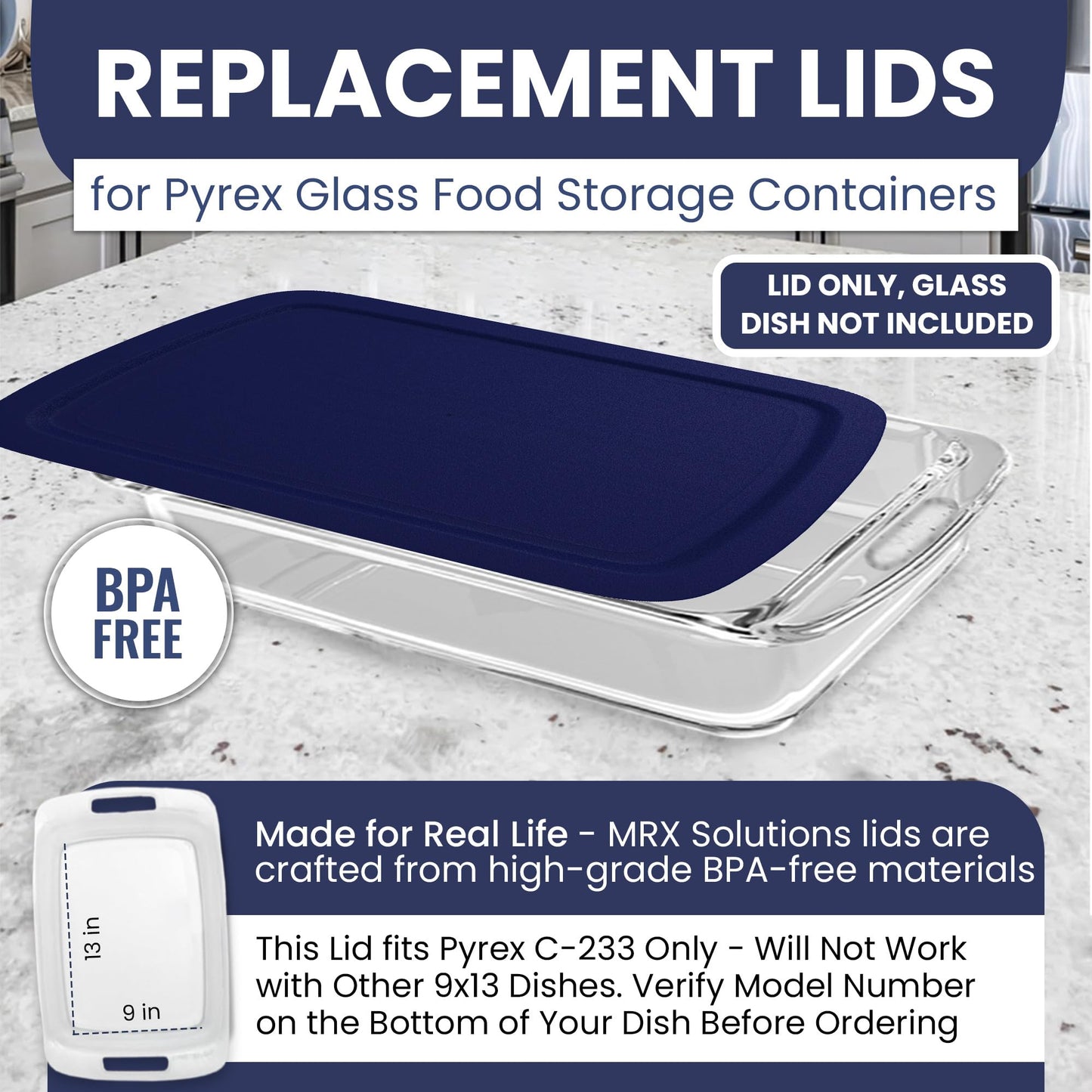 Replacement Lid for Pyrex C-233-PC Easy Grab 9x13 Casserole Glass Baking Dish Container Fits 3-Quart Model 233 with Cut-Out Handles Only