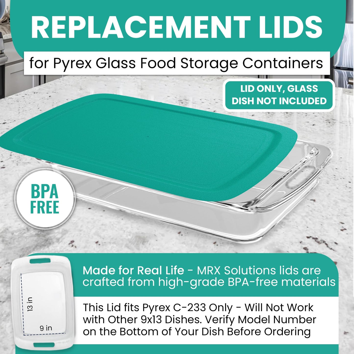Replacement Lid for Pyrex C-233-PC Easy Grab 9x13 Casserole Glass Baking Dish Container Fits 3-Quart Model 233 with Cut-Out Handles Only (2-Pack)
