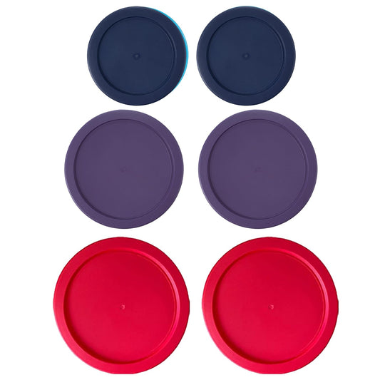 Replacement Lids for Pyrex Containers Round Glass Food Plastic - (2) 2-Cup Navy, (2) 4-Cup Purple, (2) 7-Cup Dark Red - BPA-Free, Dishwasher & Microwave Safe