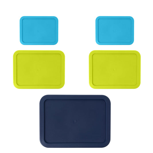 Replacement Rectangular Lids for Pyrex Glass Food Storage Containers (2) 3-Cup Light Blue (2) 6-Cup Lime Green (1) 11-Cup Navy