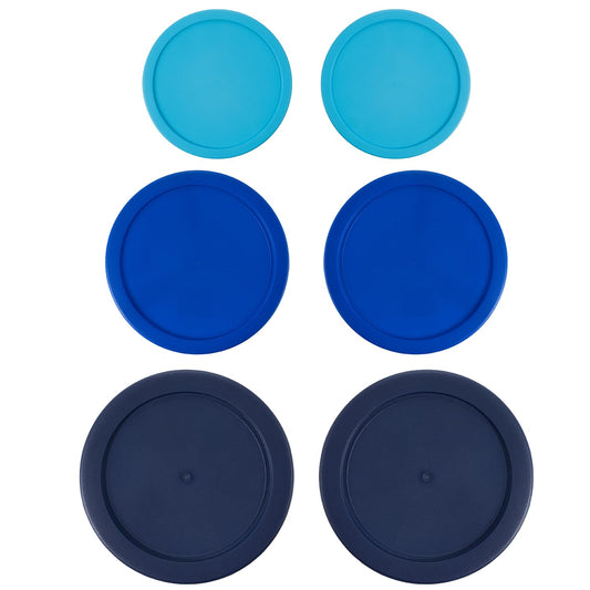 Replacement Lids for Pyrex Containers Round Glass Food Plastic - (2) 2-Cup Light Blue, (2) 4-Cup Blue, (2) 7-Cup Navy - BPA-Free, Dishwasher & Microwave Safe