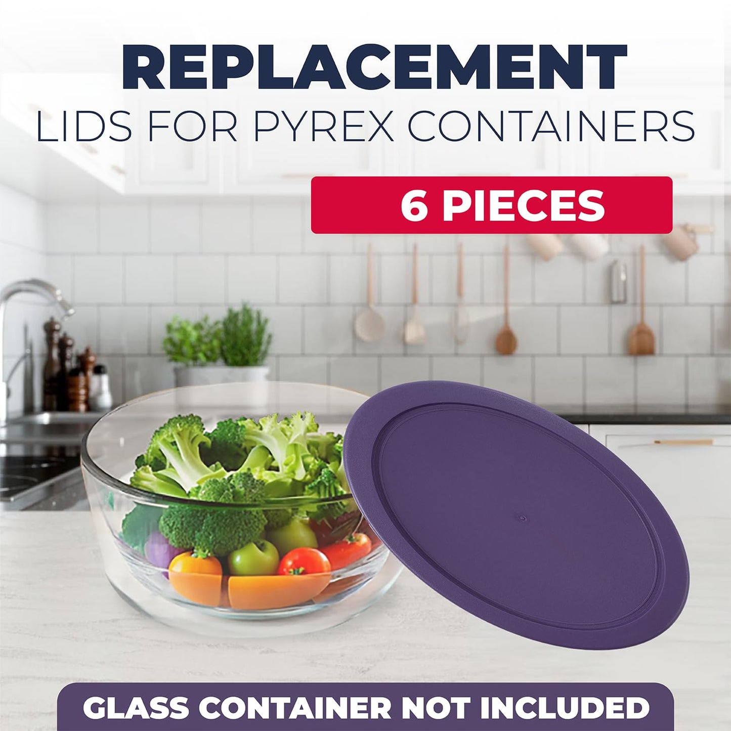 Replacement Lids for Pyrex Containers Round Glass Food Plastic - (2) 2-Cup Navy, (2) 4-Cup Purple, (2) 7-Cup Dark Red - BPA-Free, Dishwasher & Microwave Safe