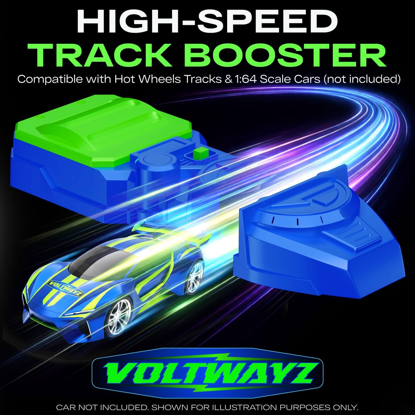 VOLTWAYZ Turbo-Charged Motorized Booster Compatible with Hot Wheels - Blue & Green Racing Edition - Electric Dual-Wheel Accelerator for 1:64 Scale Cars - Battery Operated Add-On