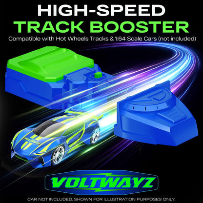 VOLTWAYZ Turbo-Charged Motorized Booster Compatible with Hot Wheels - Blue & Green Racing Edition - Electric Dual-Wheel Accelerator for 1:64 Scale Cars - Battery Operated Add-On