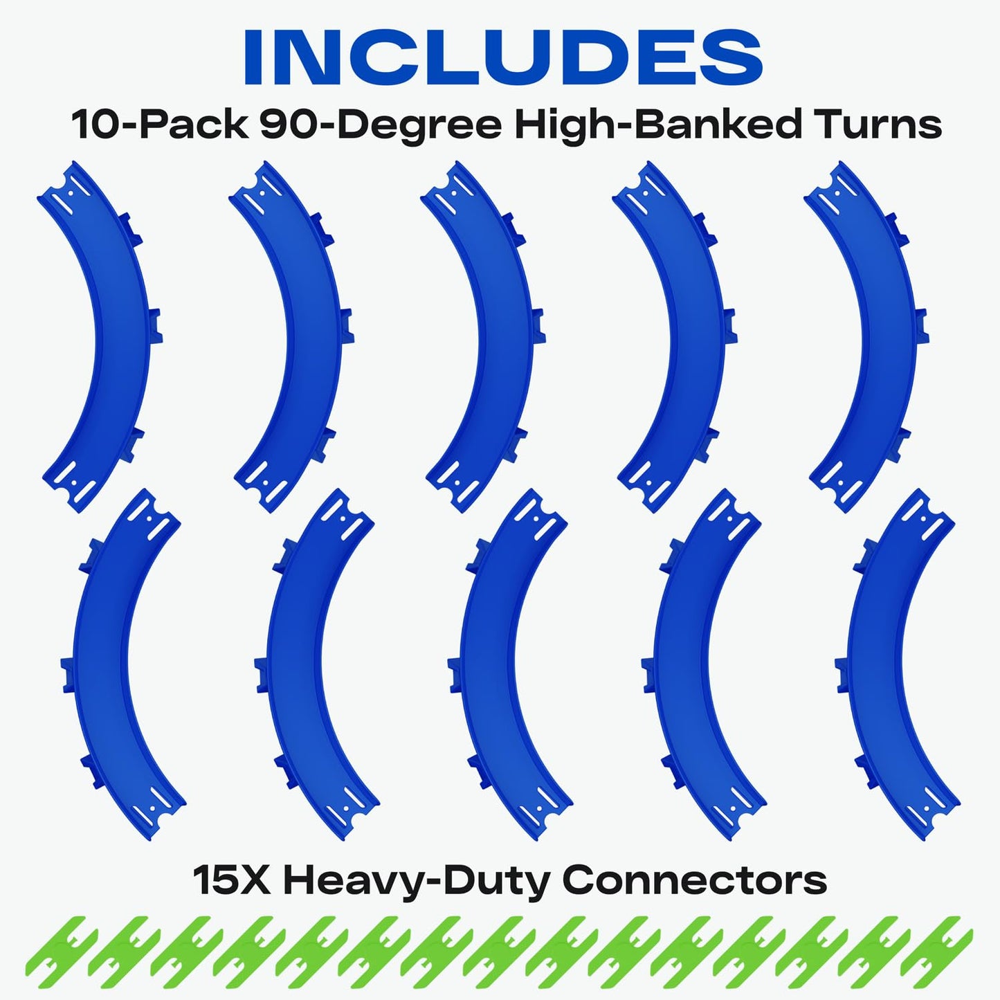 VOLTWAYZ Curve Track Pieces Compatible with Hot Wheels - 10-Pack 90-Degree High-Banked Turns + 15 Connectors - Bulk Extension for 1:64 Scale Racing - Blue