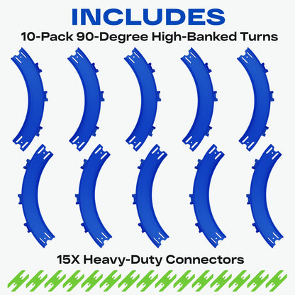 VOLTWAYZ Curve Track Pieces Compatible with Hot Wheels - 10-Pack 90-Degree High-Banked Turns + 15 Connectors - Bulk Extension for 1:64 Scale Racing - Blue