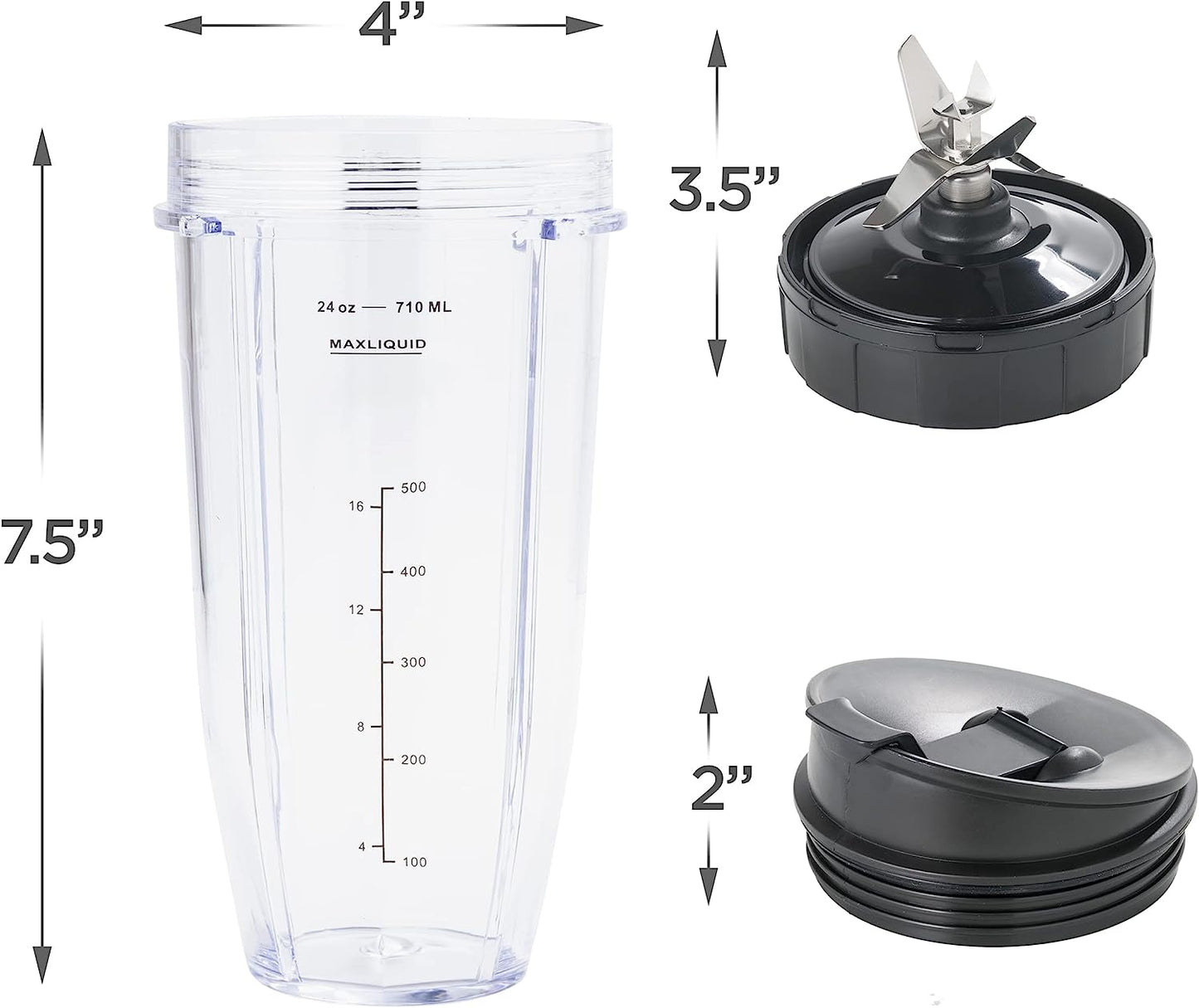 2 Replacement 24 oz Cups with Lid & Extractor Blade [7-FIN ONLY] for Ninja Blender (Auto iQ BN801 BL480-30 BL640-30 BL642-30 NN100-30 BL2012)