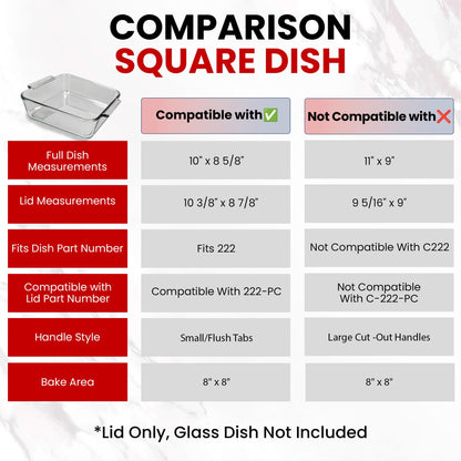 Replacement Lid fits Pyrex 2-Quart 8" x 8" Glass Baking Dish #222, Compatible with Lid #222-PC, Food Storage Container Cover with Flush Tab Handles (2-Pack, Red)