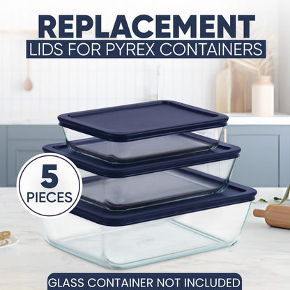 Replacement Rectangular Lids for Pyrex Glass Food Storage Containers (2) 3-Cup (2) 6-Cup (1) 11-Cup (Navy)