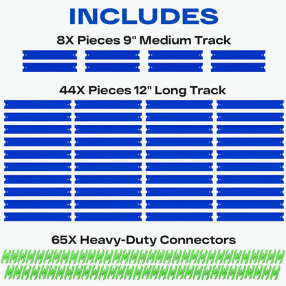 VOLTWAYZ Straight Track Pieces Compatible with Hot Wheels - 52-Piece XL Expansion Pack for 1:64 Scale Racing (50 Feet Total) - Blue Straight Tracks + 65 Connectors