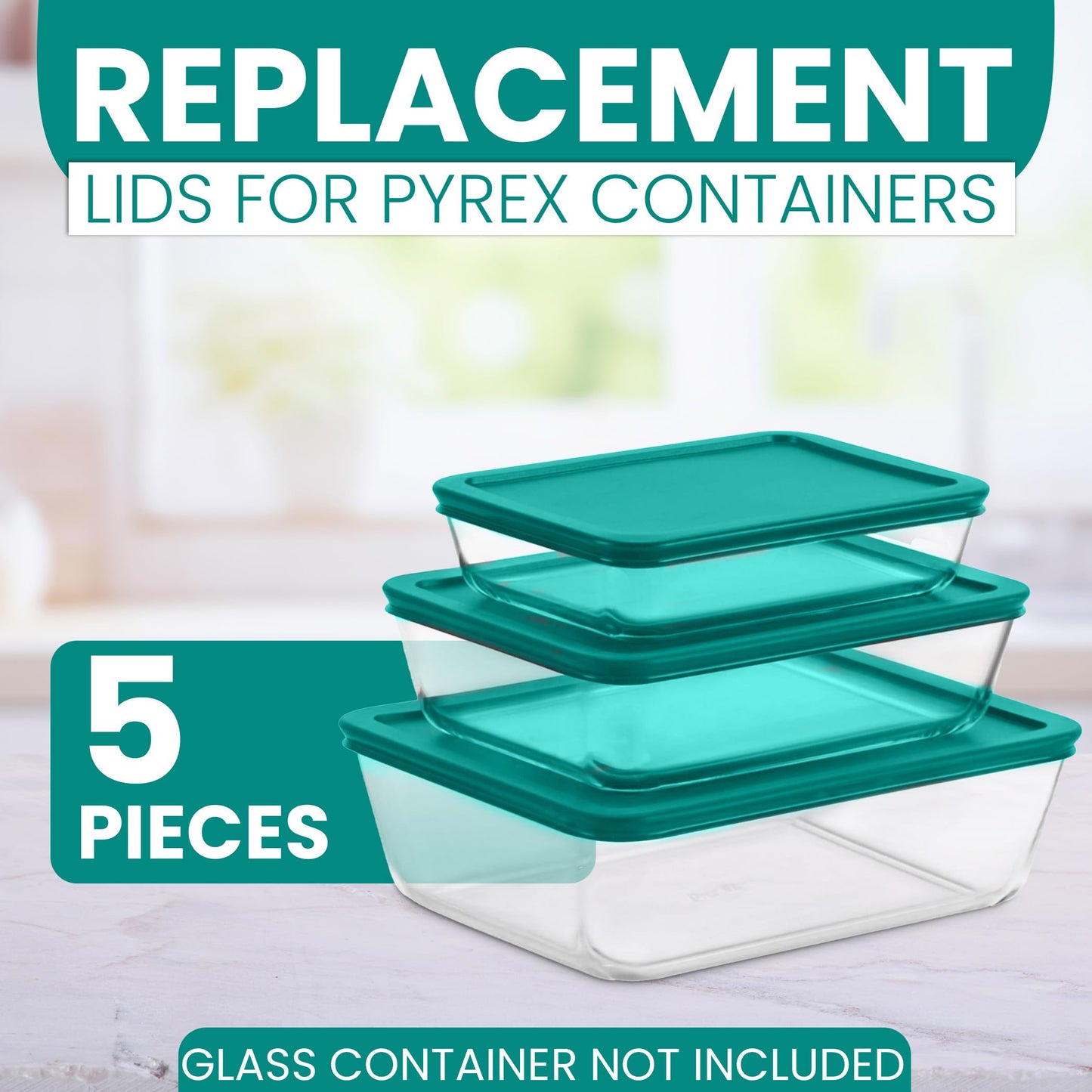 Replacement Rectangular Lids for Pyrex Glass Food Storage Containers (2) 3-Cup (2) 6-Cup (1) 11-Cup (Turquoise)