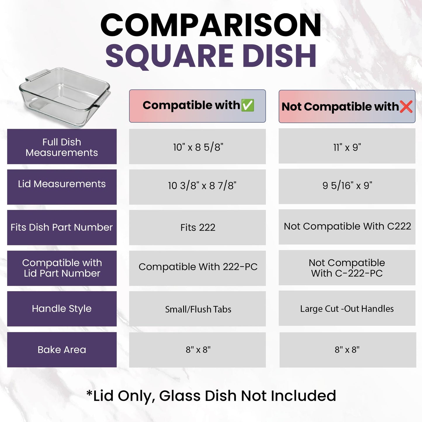 Replacement Lid fits Pyrex 2-Quart 8" x 8" Glass Baking Dish #222, Compatible with Lid #222-PC, Food Storage Container Cover with Flush Tab Handles (2-Pack, Purple)