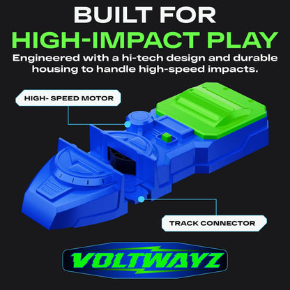 VOLTWAYZ Turbo-Charged Motorized Booster Compatible with Hot Wheels - Blue & Green Racing Edition - Electric Dual-Wheel Accelerator for 1:64 Scale Cars - Battery Operated Add-On