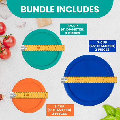Replacement Lids for Pyrex Containers Round Glass Food Plastic - (2) 2-Cup Orange, (2) 4-Cup Teal, (2) 7-Cup Blue - BPA-Free, Dishwasher & Microwave Safe