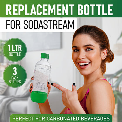 Replacement Carbonating Sparkling Water Bottles for SodaStream - 1 Liter, BPA-Free & Leak-Proof (Compatible with Fizzi, One Touch, Jet, Source, Play, Genesis, Power Models) - 3-Pack (Green)