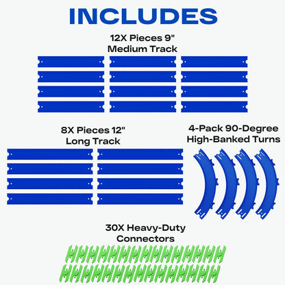 VOLTWAYZ Straight & Curved Track Compatible with Hot Wheels - 24-Piece 1:64 Scale Raceway Expansion (20 Feet Total) - Straights, High-Banked Curves & Connectors