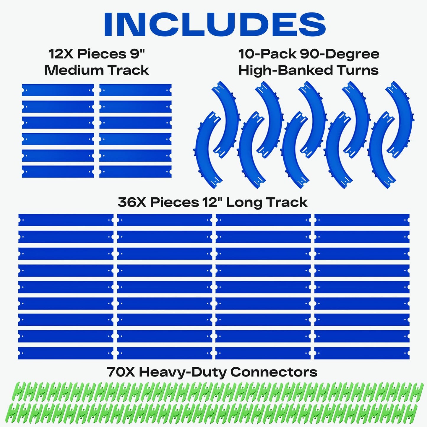 VOLTWAYZ Straight & Curved Track Compatible with Hot Wheels - 58-Piece XL 1:64 Scale Raceway Set (50 Feet Total) - Includes Straights, High-Banked Curves & 70 Connectors