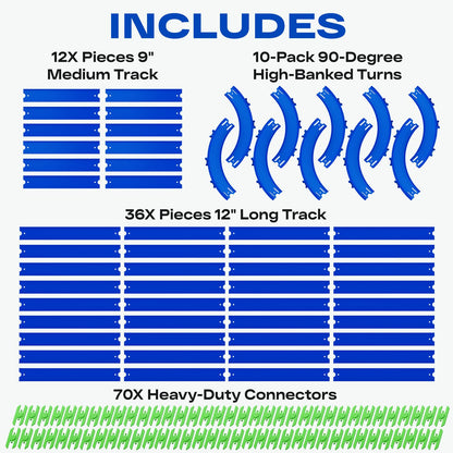 VOLTWAYZ Straight & Curved Track Compatible with Hot Wheels - 58-Piece XL 1:64 Scale Raceway Set (50 Feet Total) - Includes Straights, High-Banked Curves & 70 Connectors