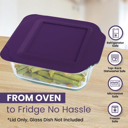 Replacement Lid fits Pyrex 2-Quart 8" x 8" Glass Baking Dish #222, Compatible with Lid #222-PC, Food Storage Container Cover with Flush Tab Handles (2-Pack, Purple)