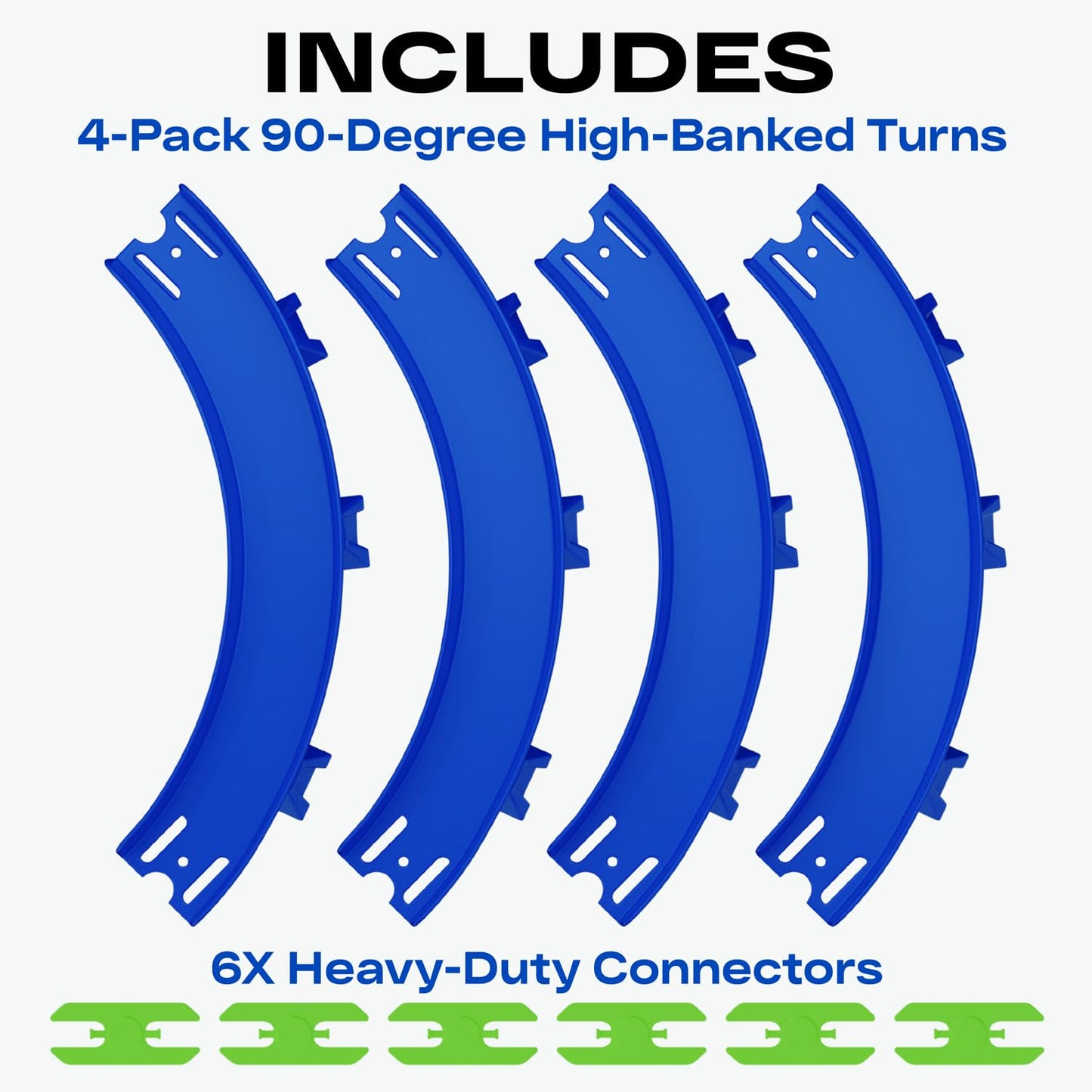 VOLTWAYZ Curve Track Pieces Compatible with Hot Wheels - 4-Pack 90-Degree High-Banked Turns + 6 Connectors - Curved Corner for 1:64 Scale Racing - Blue
