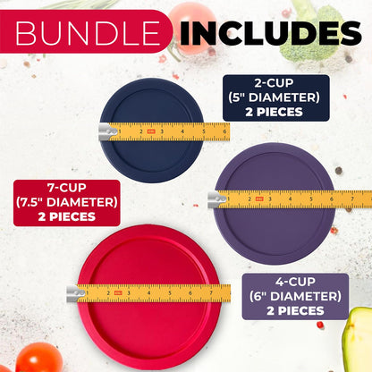 Replacement Lids for Pyrex Containers Round Glass Food Plastic - (2) 2-Cup Navy, (2) 4-Cup Purple, (2) 7-Cup Dark Red - BPA-Free, Dishwasher & Microwave Safe