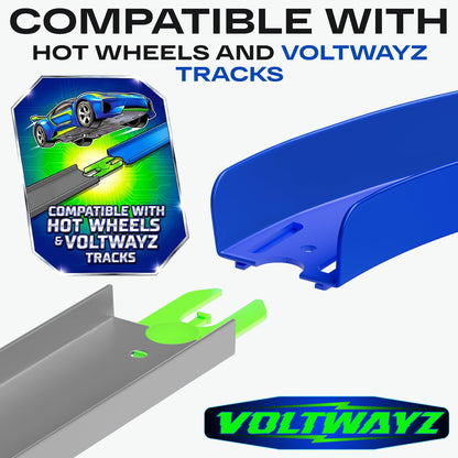 VOLTWAYZ Curve Track Pieces Compatible with Hot Wheels - 4-Pack 90-Degree High-Banked Turns + 6 Connectors - Curved Corner for 1:64 Scale Racing - Blue