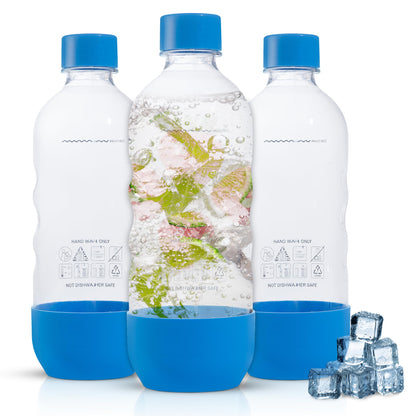 Replacement Carbonating Sparkling Water Bottles for SodaStream - 1 Liter, BPA-Free & Leak-Proof (Compatible with Fizzi, One Touch, Jet, Source, Play, Genesis, Power Models) - 3-Pack (Blue)