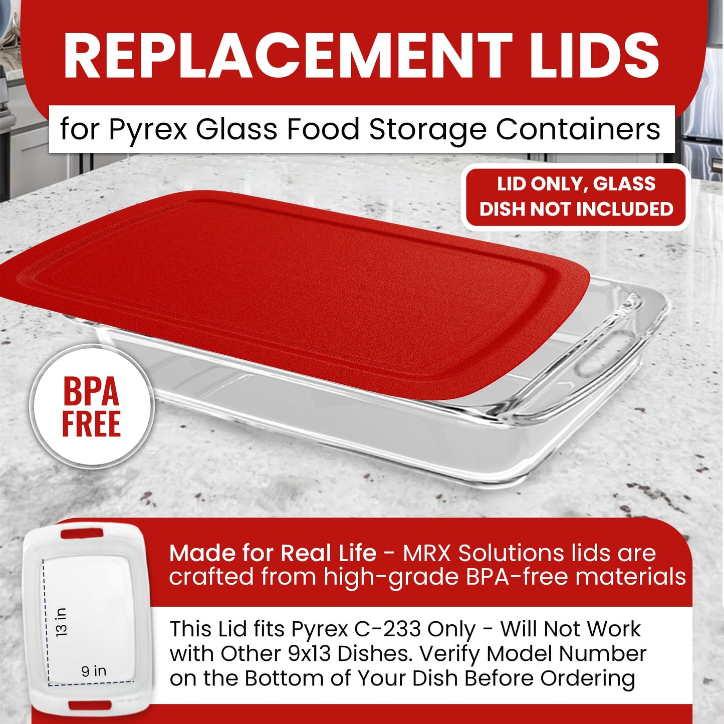 Replacement Lid for Pyrex C-233-PC Easy Grab 9x13 Casserole Glass Baking Dish Container Fits 3-Quart Model 233 with Cut-Out Handles Only (2-Pack)