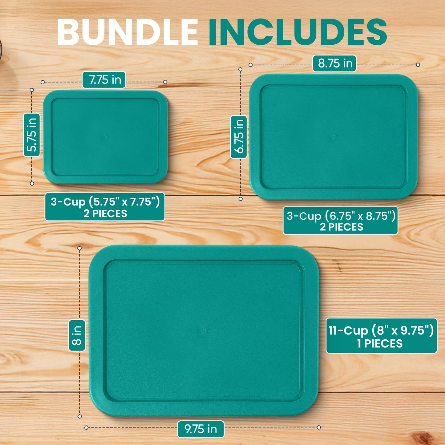Replacement Rectangular Lids for Pyrex Glass Food Storage Containers (2) 3-Cup (2) 6-Cup (1) 11-Cup (Turquoise)
