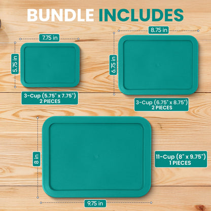 Replacement Rectangular Lids for Pyrex Glass Food Storage Containers (2) 3-Cup (2) 6-Cup (1) 11-Cup (Turquoise)