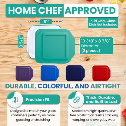 Replacement Lid fits Pyrex 2-Quart 8" x 8" Glass Baking Dish #222, Compatible with Lid #222-PC, Food Storage Container Cover with Flush Tab Handles (2-Pack, Teal)