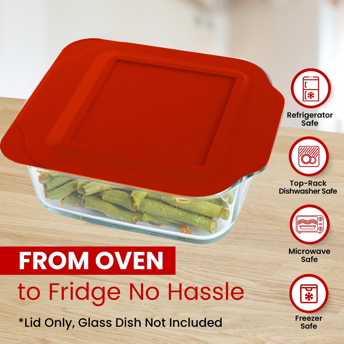 Replacement Lid fits Pyrex 2-Quart 8" x 8" Glass Baking Dish #222, Compatible with Lid #222-PC, Food Storage Container Cover with Flush Tab Handles (2-Pack, Red)