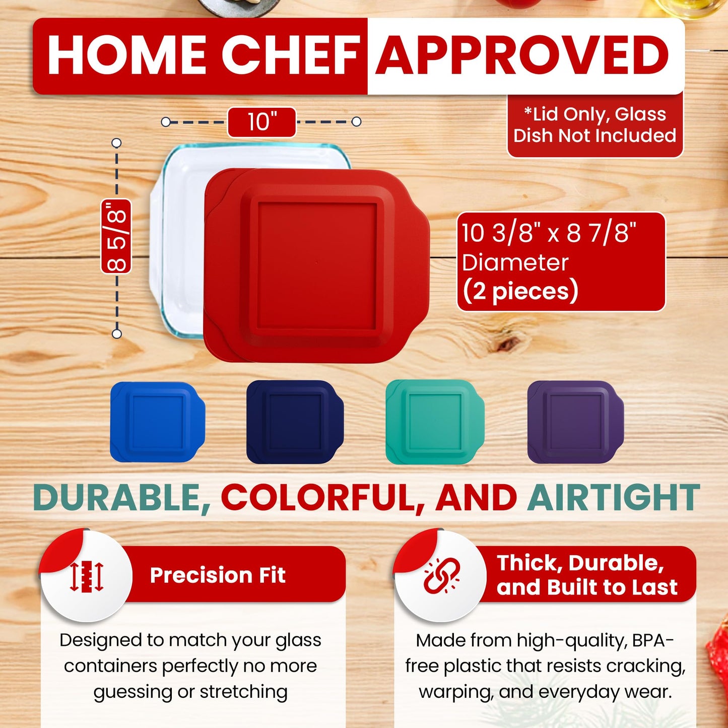 Replacement Lid fits Pyrex 2-Quart 8" x 8" Glass Baking Dish #222, Compatible with Lid #222-PC, Food Storage Container Cover with Flush Tab Handles (2-Pack, Red)