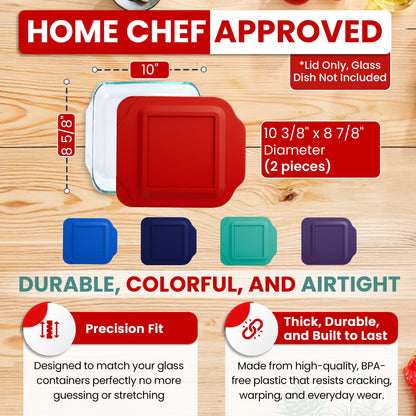 Replacement Lid fits Pyrex 2-Quart 8" x 8" Glass Baking Dish #222, Compatible with Lid #222-PC, Food Storage Container Cover with Flush Tab Handles (2-Pack, Red)