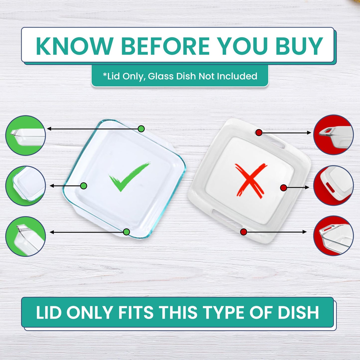 Replacement Lid fits Pyrex 2-Quart 8" x 8" Glass Baking Dish #222, Compatible with Lid #222-PC, Food Storage Container Cover with Flush Tab Handles (2-Pack, Teal)